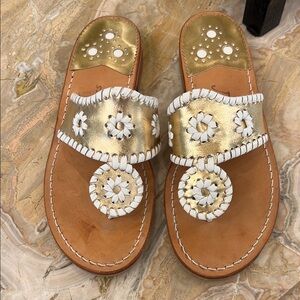 Jack Rogers Metallic Gold With White Whipstitching Sandals, Size 6